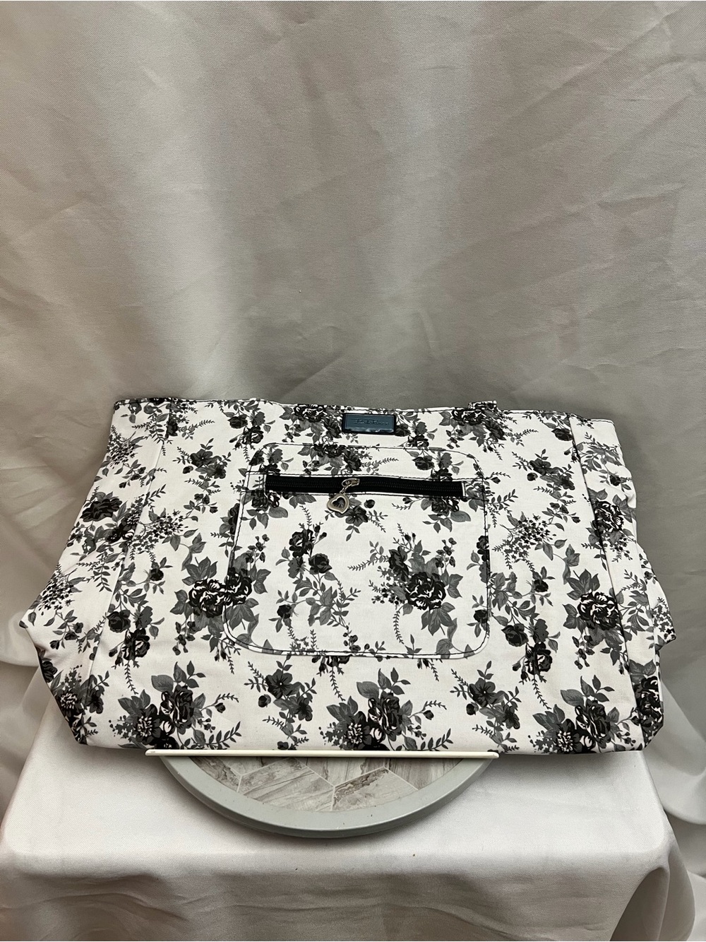 Bella Russo Black White Floral Large Tote Bag Heart Charm Shoulder Bag